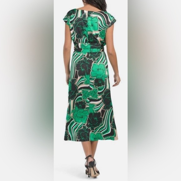 NWT Anne Klein Emerald Abstract Floral Belted Midi Dress - Picture 2 of 7